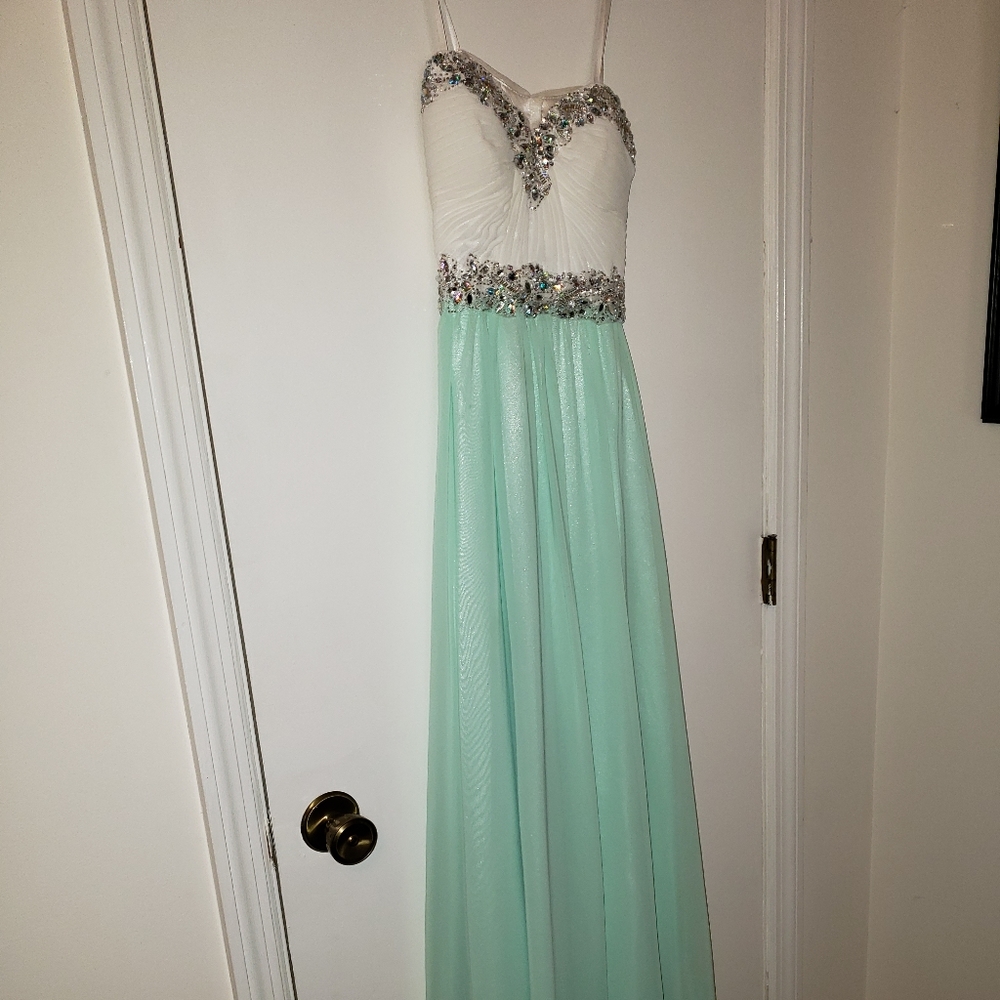 White and mint/seafoam floor-length gown, size 1/2